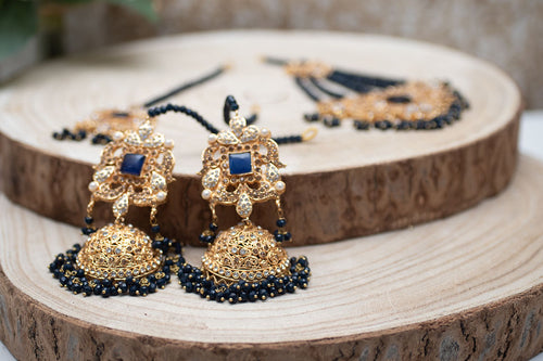 Nims Boutique Ridhi Navy Blue Earrings, Tikka & Passa Set