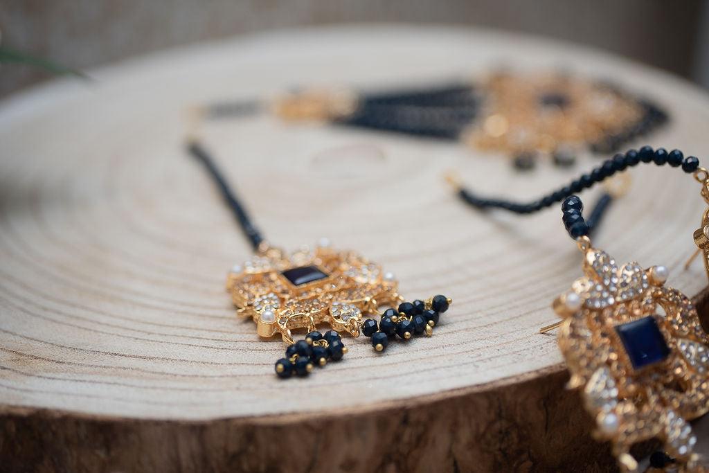 Nims Boutique Ridhi Navy Blue Earrings, Tikka & Passa Set