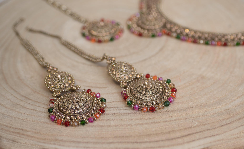 Nims Boutique Small Royal Antique Gold Stone Multicolour set with earring chains M3