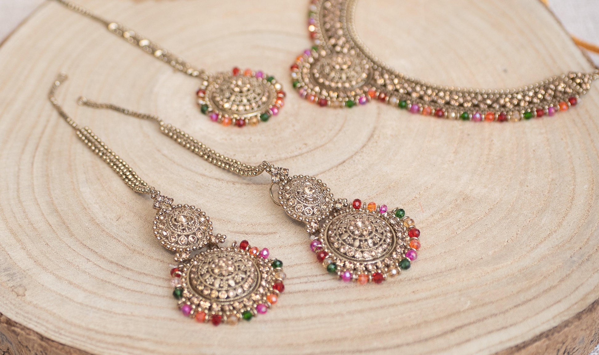 Nims Boutique Small Royal Antique Gold Stone Multicolour set with earring chains M3