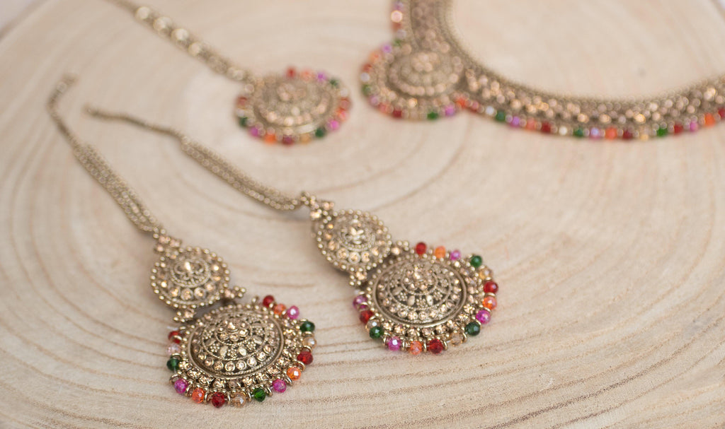 Nims Boutique Small Royal Antique Gold Stone Multicolour set with earring chains M3