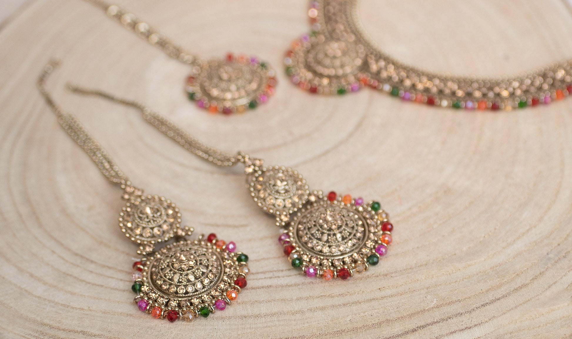 Nims Boutique Small Royal Antique Gold Stone Multicolour set with earring chains M3