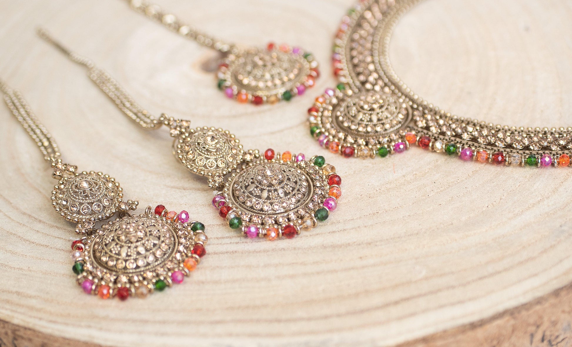 Nims Boutique Small Royal Antique Gold Stone Multicolour set with earring chains M3