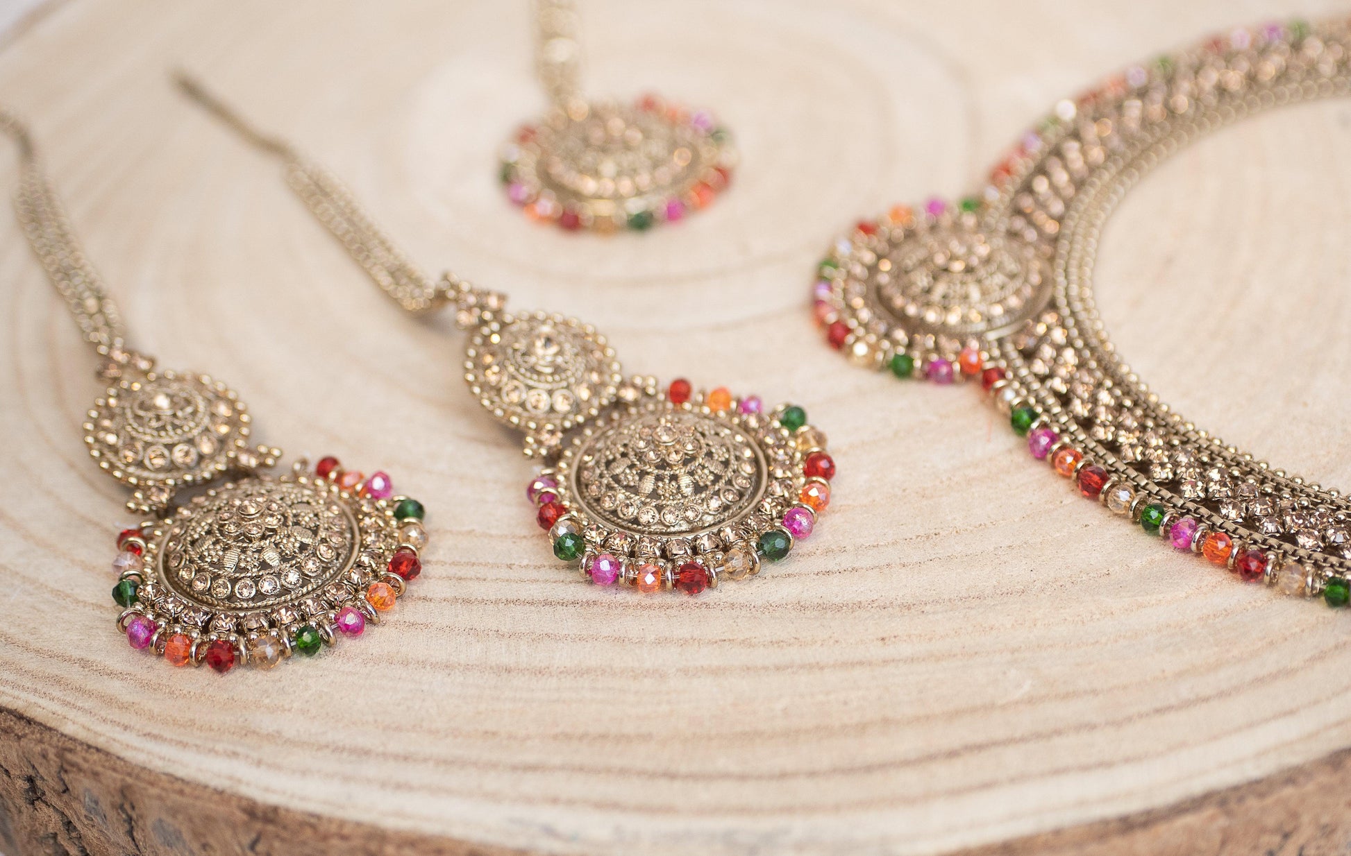 Nims Boutique Small Royal Antique Gold Stone Multicolour set with earring chains M3