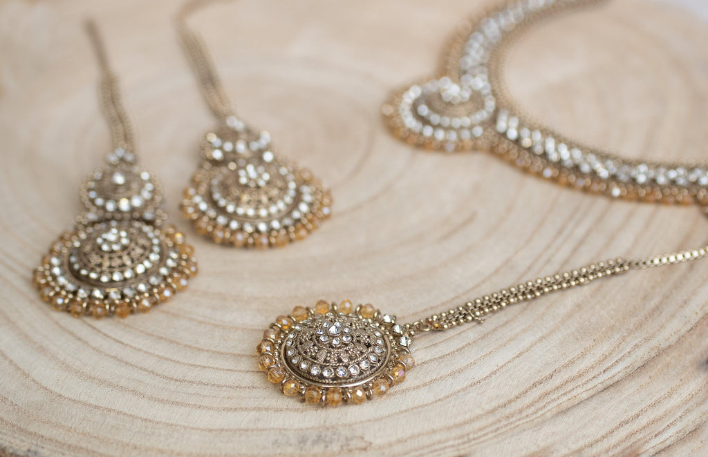 Nims Boutique Small Royal Antique Gold Clear Stone set with earring chains