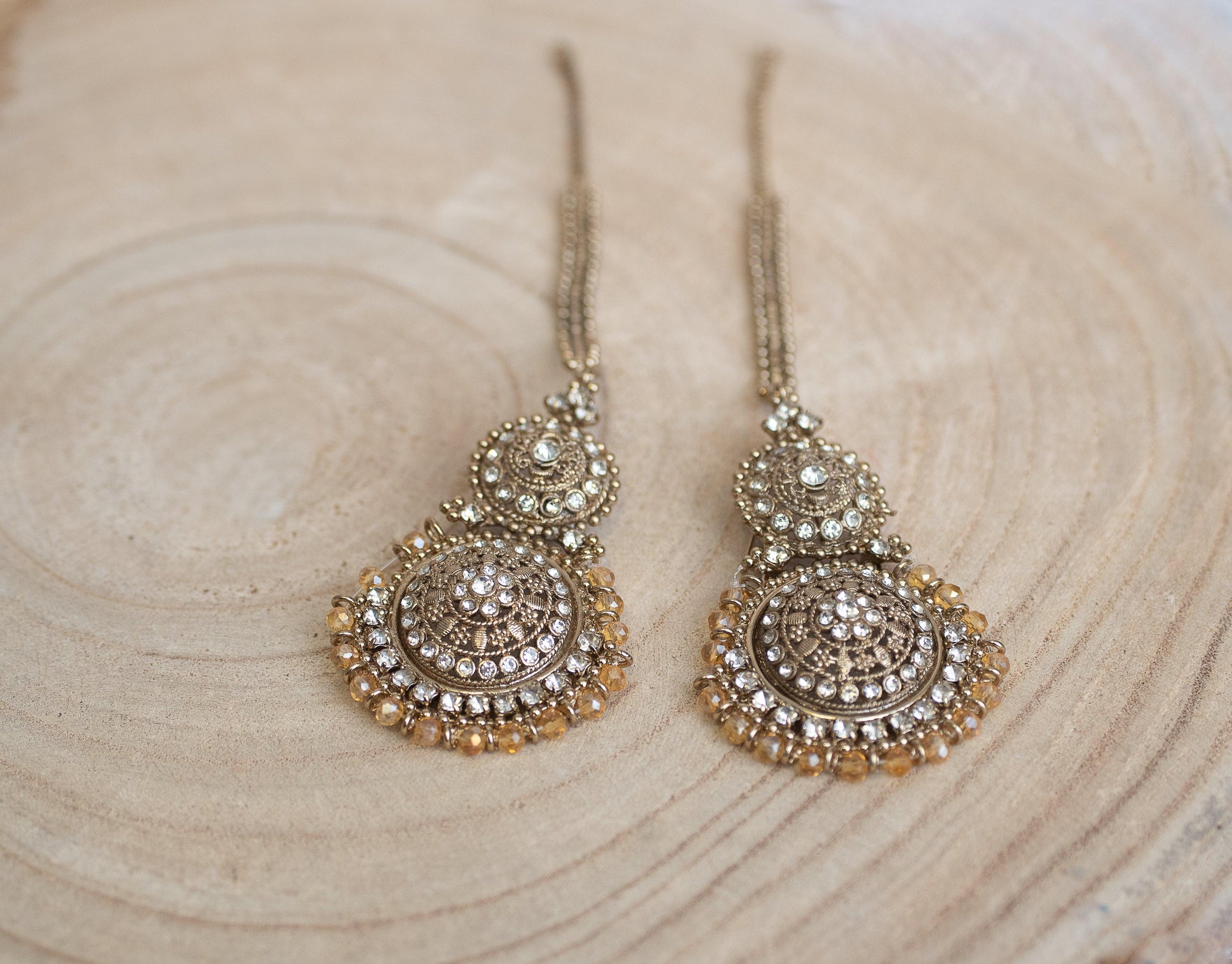 Nims Boutique Small Royal Antique Gold Clear Stone set with earring chains