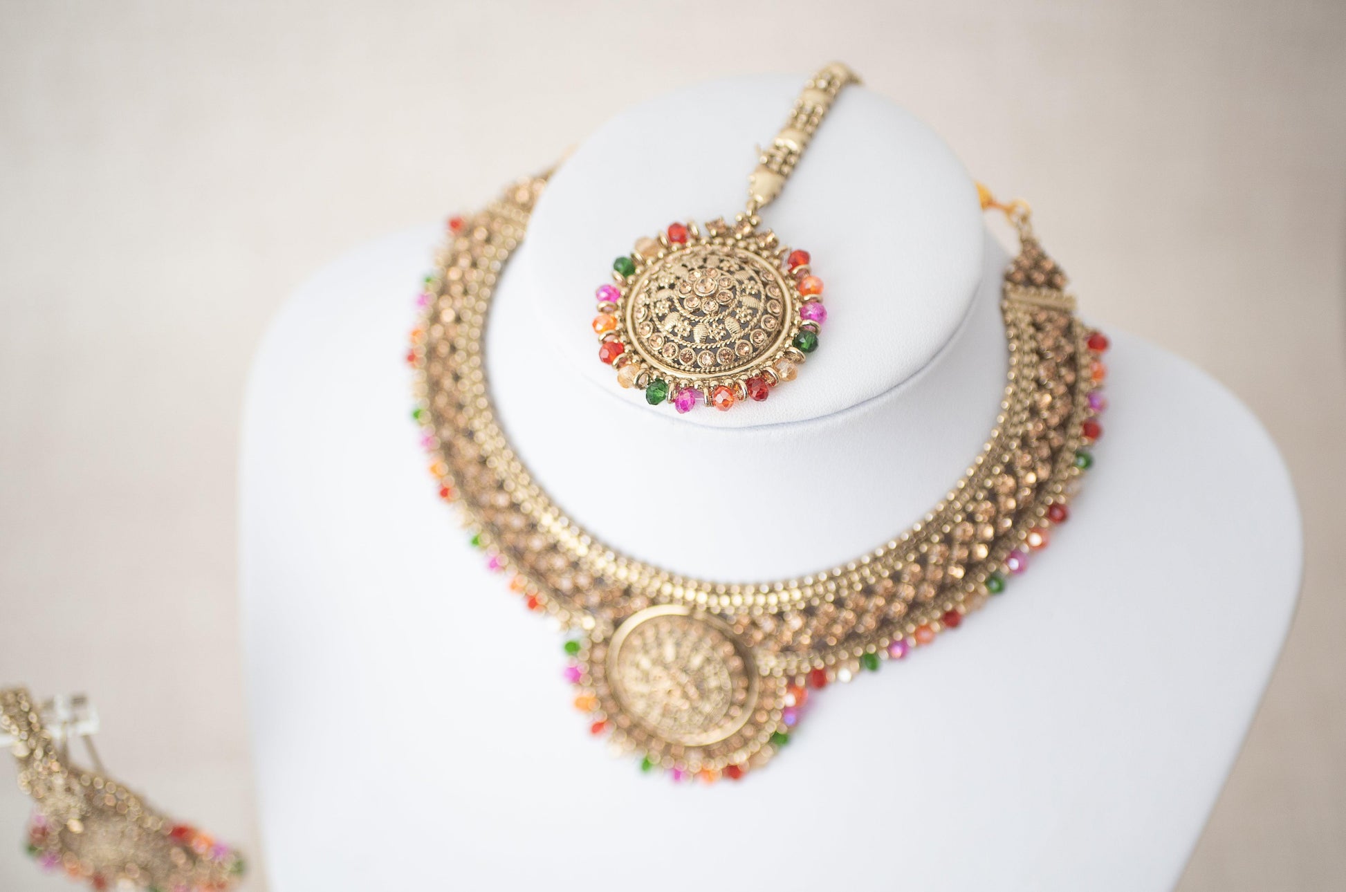 Nims Boutique Small Royal Antique Gold Stone Multicolour set with earring chains M3