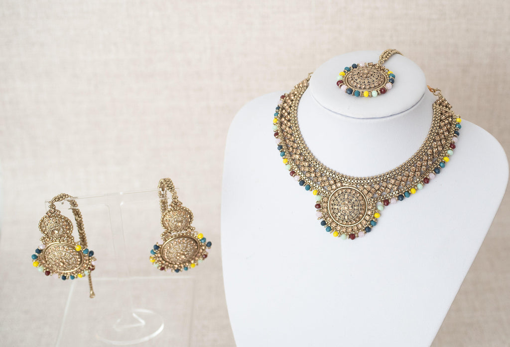 Nims Boutique Small Royal Antique Gold Multicolour set with earring chains M4 Blue & Yellows