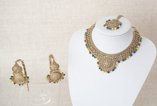 Small Royal Antique Gold Multicolour set with earring chains (M4) Blue & Yellows