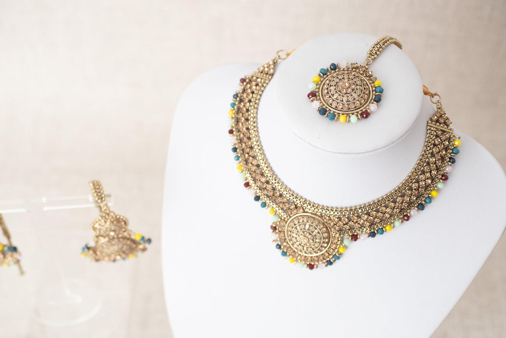 Nims Boutique Small Royal Antique Gold Multicolour set with earring chains M4 Blue & Yellows