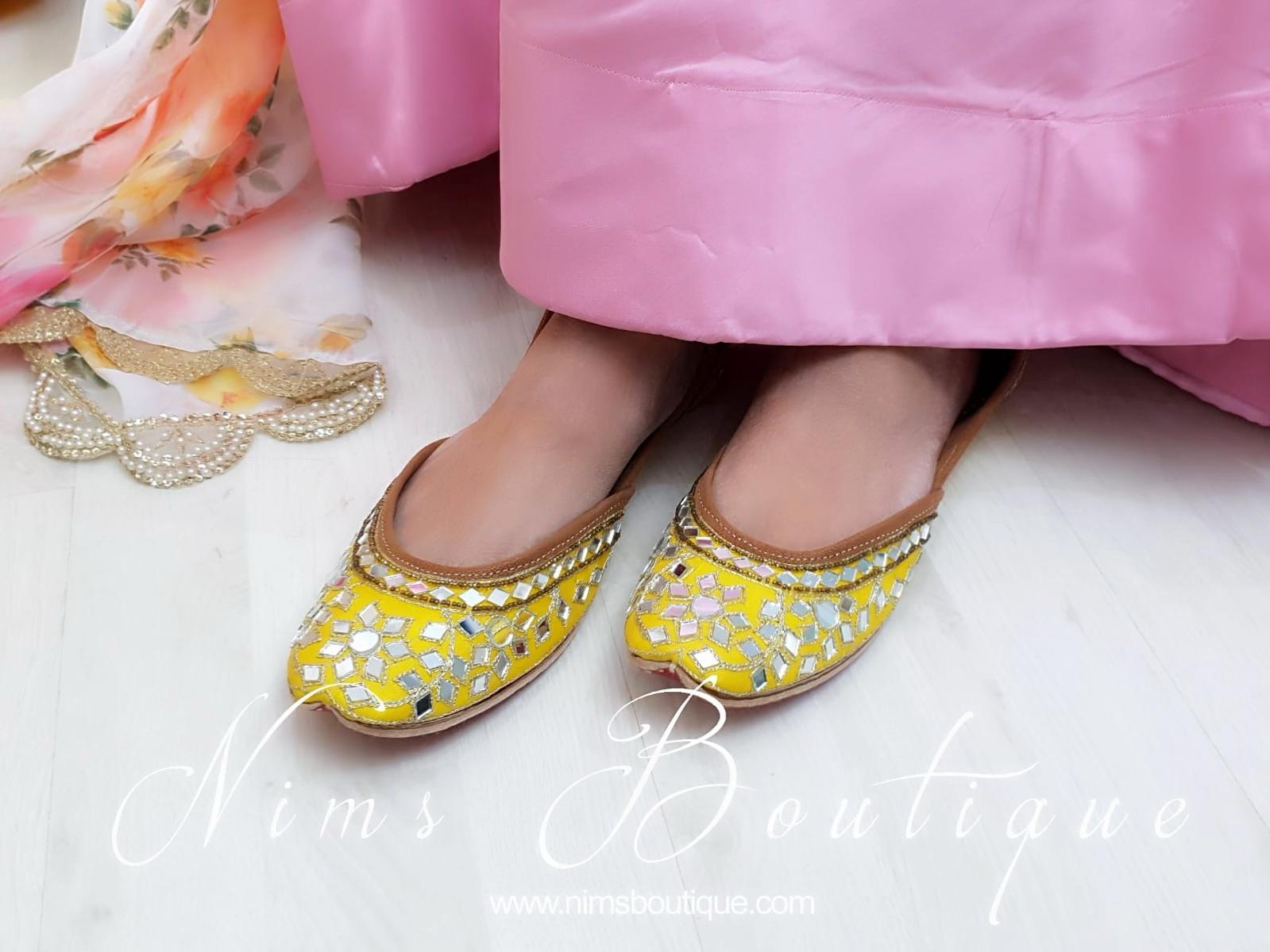 Nims Boutique Luxury Yellow Mirror Leather Punjabi Juttis