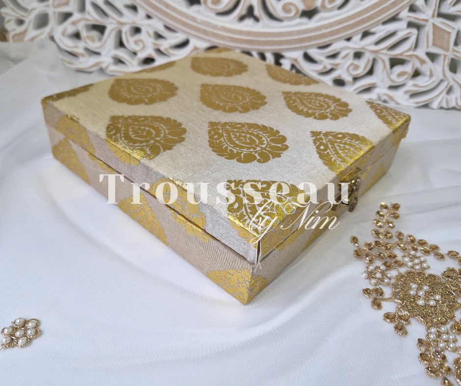 Nims Boutique Light Gold Brocade Silk Square Jewellery Gift Box