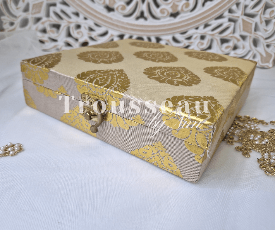 Nims Boutique Light Gold Brocade Silk Square Jewellery Gift Box