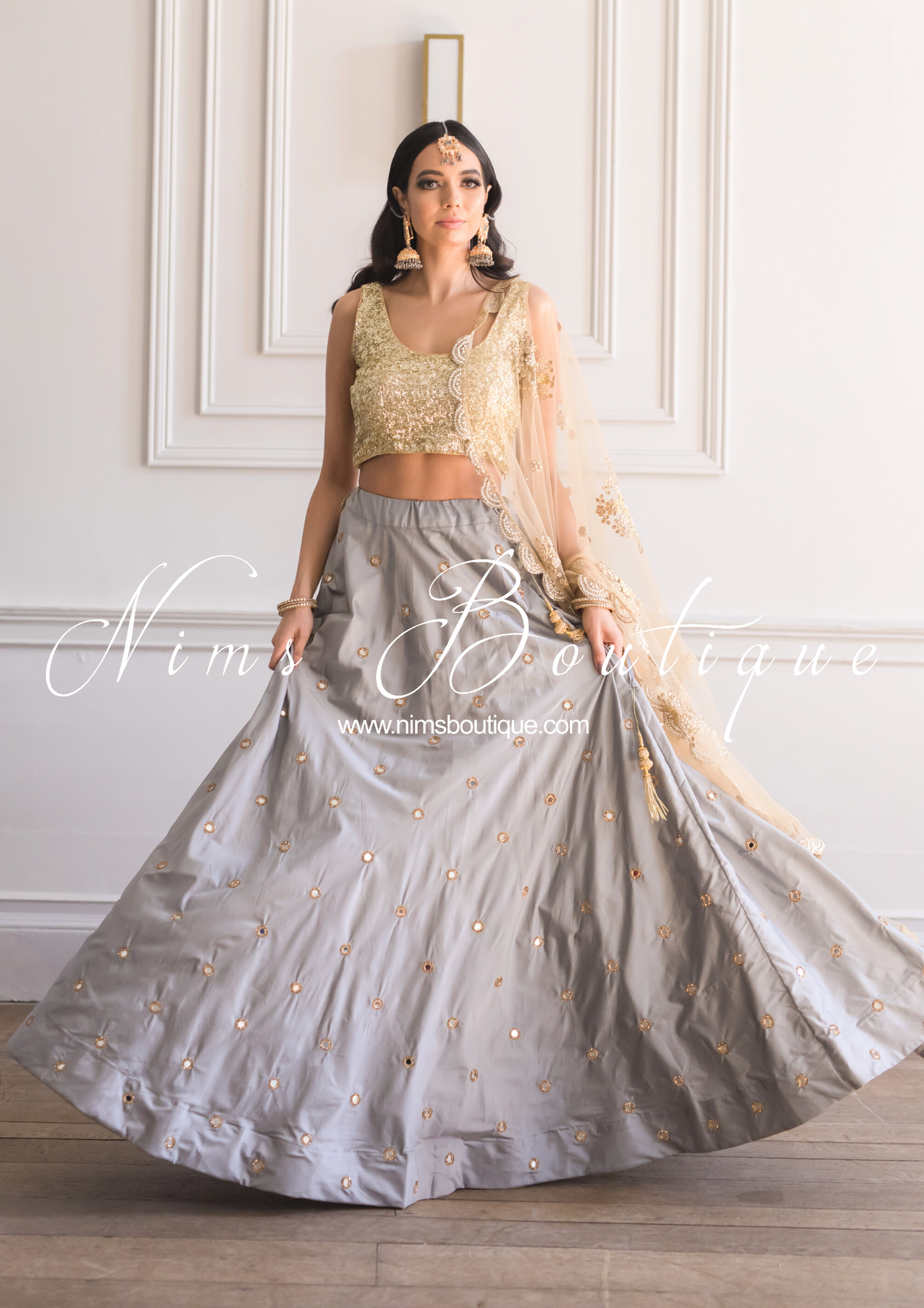 Nims Boutique Rani Luxury Grey Mirror readymade skirt/lehnga size 4-22