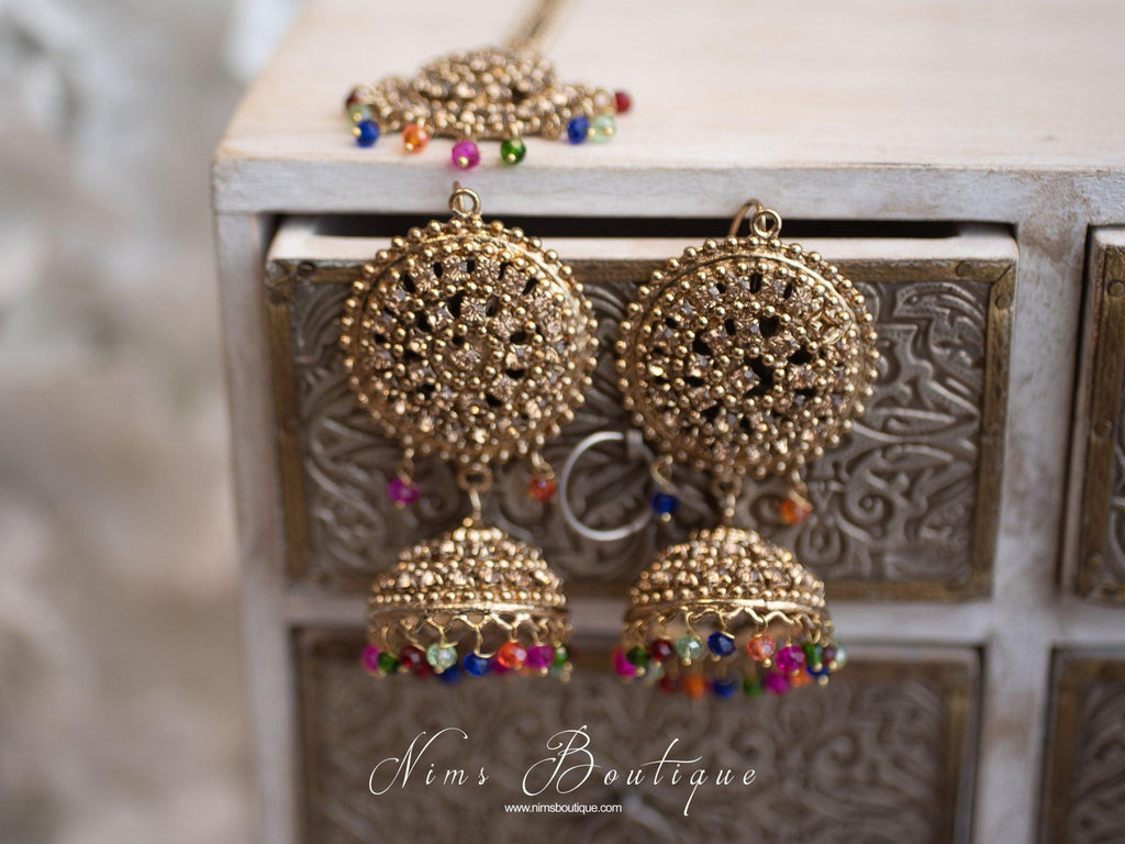 Nims Boutique Royal Gold Stone & Multicolour Chumke & Tikka Set