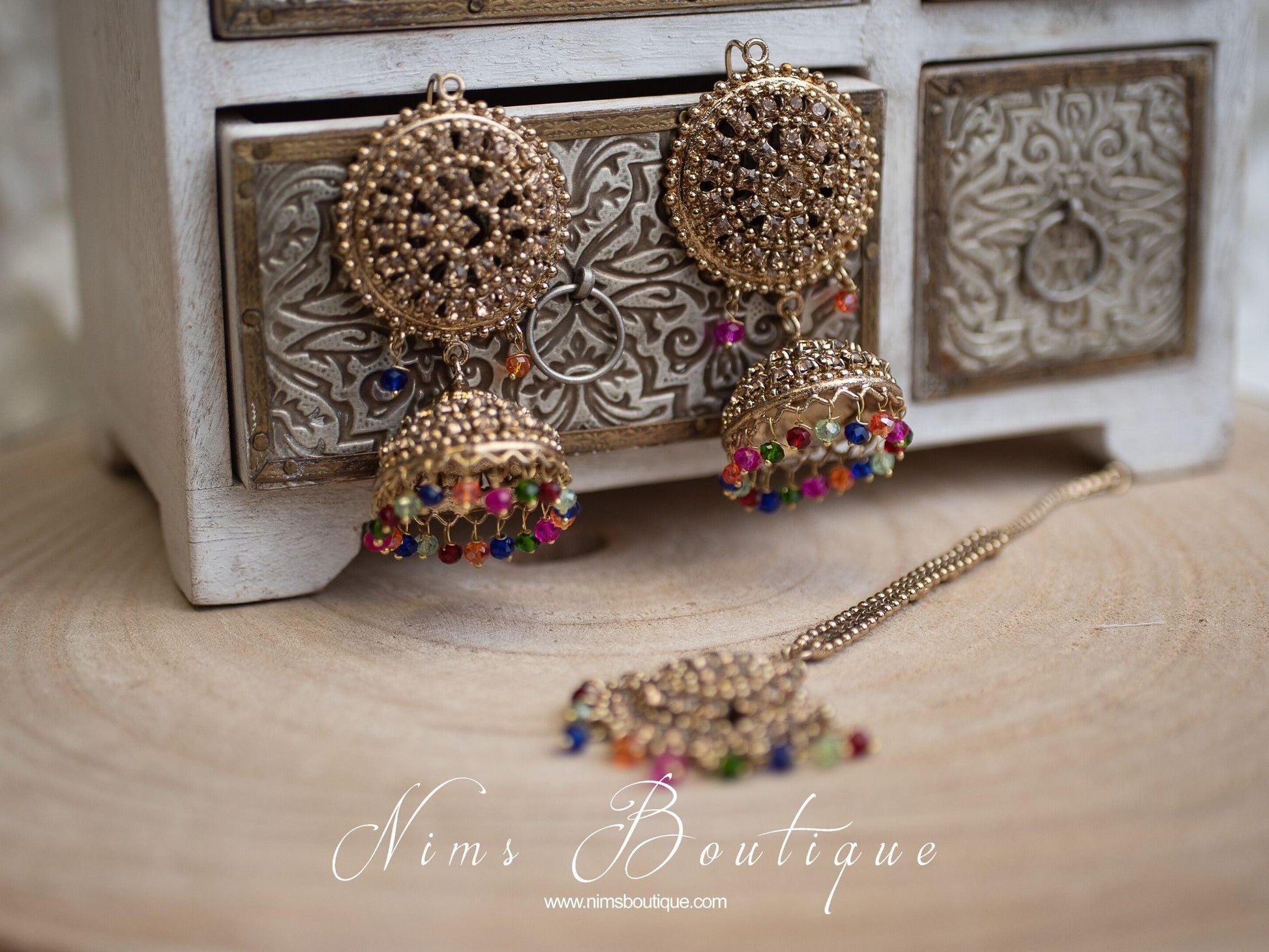 Nims Boutique Royal Gold Stone & Multicolour Chumke & Tikka Set