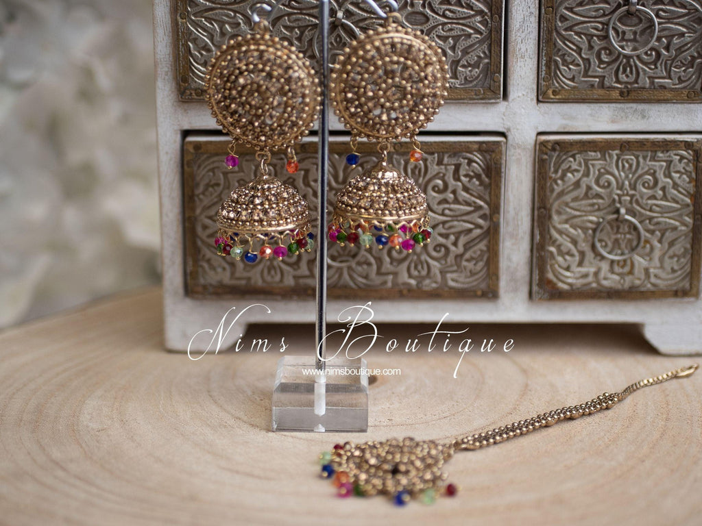 Nims Boutique Royal Gold Stone & Multicolour Chumke & Tikka Set