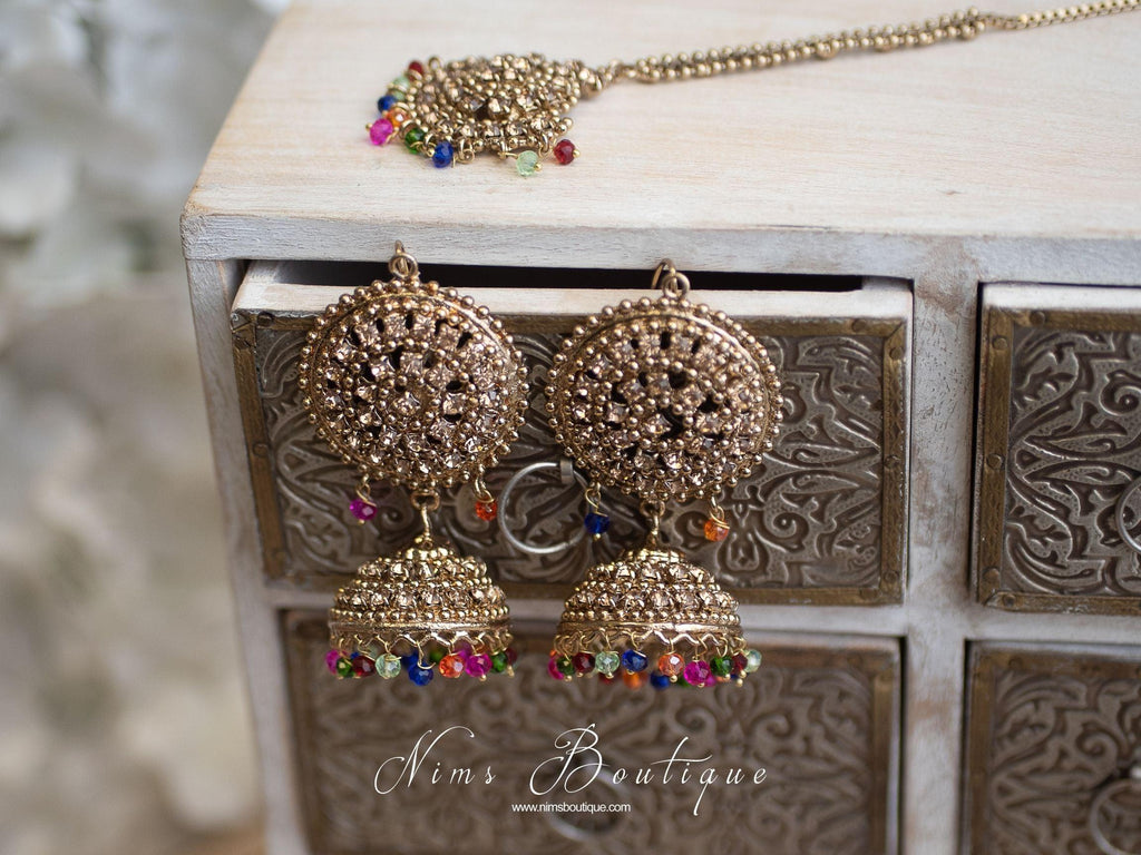 Nims Boutique Royal Gold Stone & Multicolour Chumke & Tikka Set