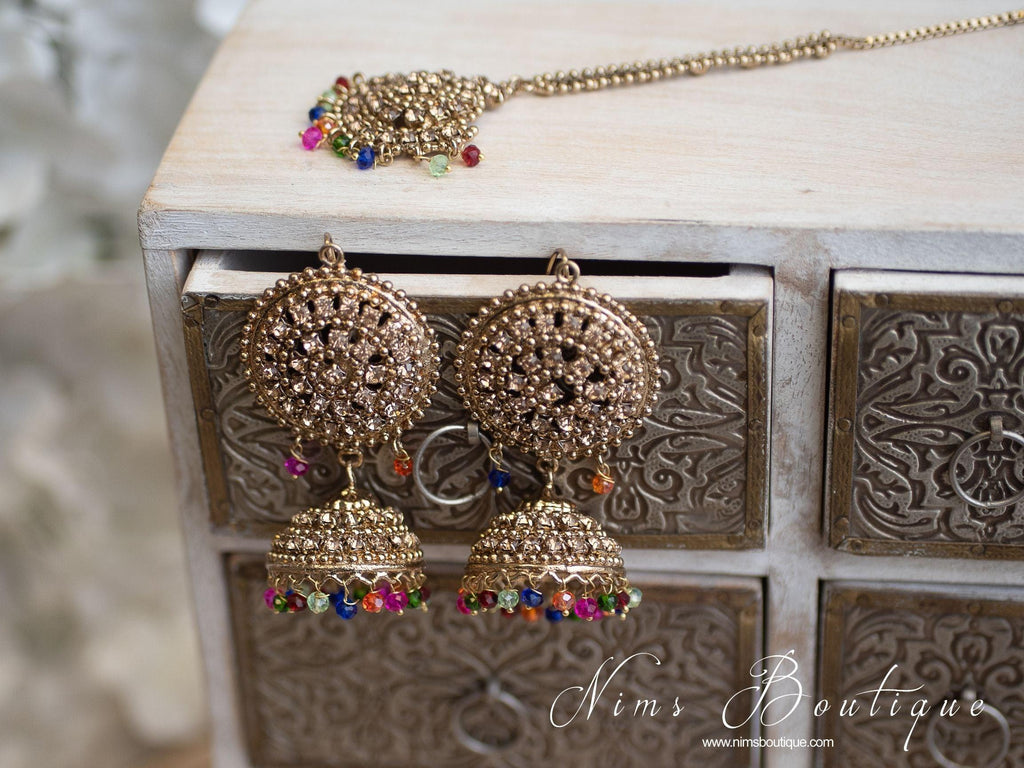 Nims Boutique Royal Gold Stone & Multicolour Chumke & Tikka Set
