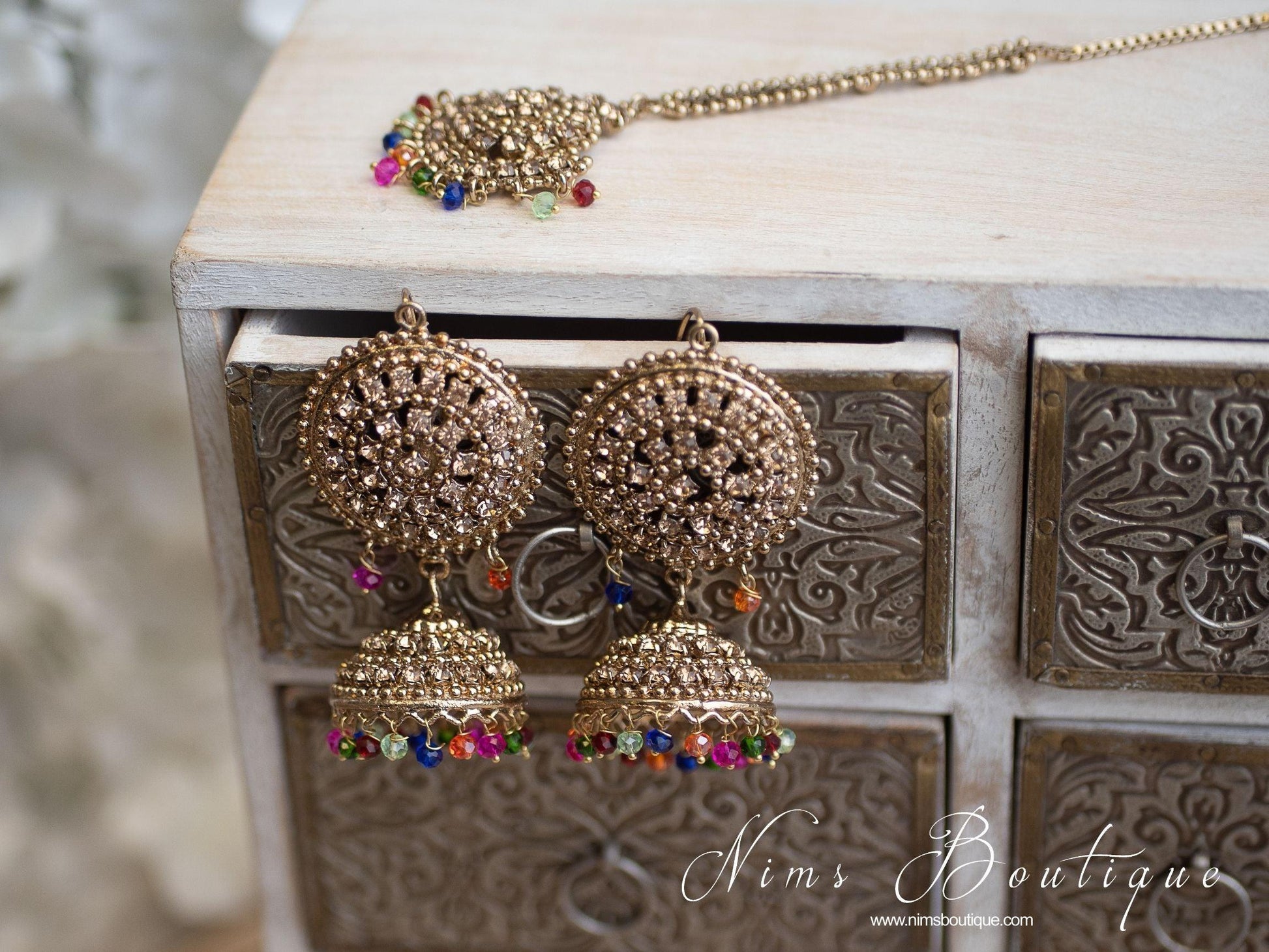 Nims Boutique Royal Gold Stone & Multicolour Chumke & Tikka Set