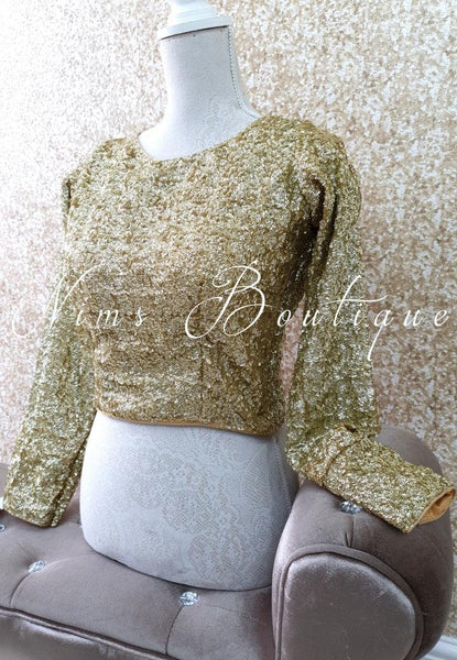gold sequin crop top long sleeve