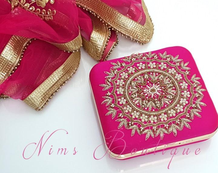 Nims Boutique Large Pink Raw Silk Pearl Embellished Clutch Bag