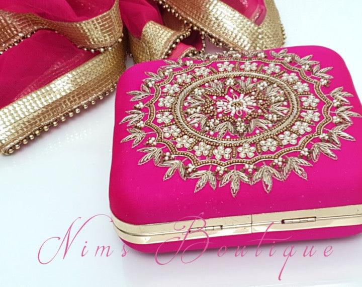 Nims Boutique Large Pink Raw Silk Pearl Embellished Clutch Bag