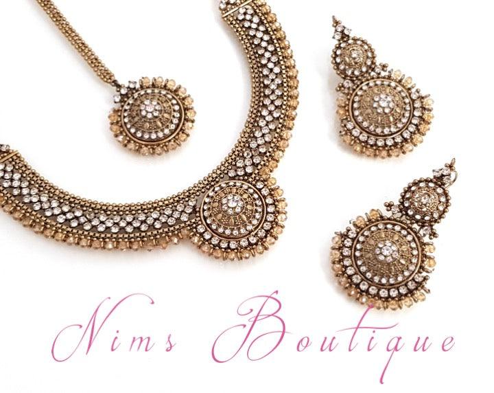 Nims Boutique Small Royal Antique Gold Clear Stone set with earring chains