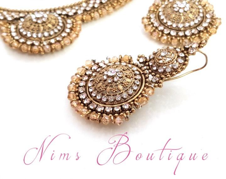 Nims Boutique Small Royal Antique Gold Clear Stone set with earring chains 