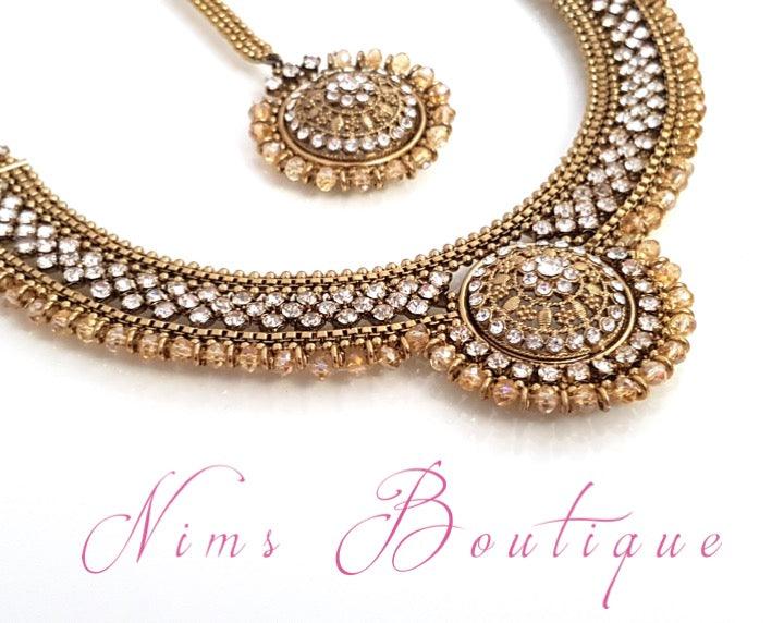 Nims Boutique Small Royal Antique Gold Clear Stone set with earring chains 