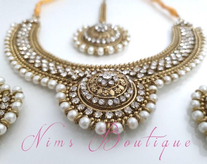 Nims Boutique Small Royal Antique Gold, Pearl & Clear Stone set