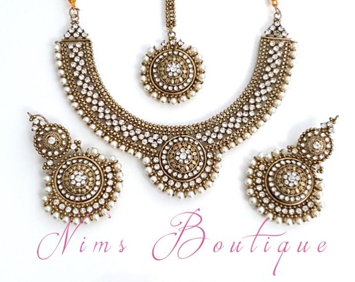 Nims Boutique Small Royal Antique Gold, Pearl & Clear Stone set