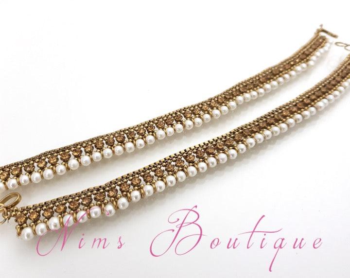 Nims Boutique Royal Antique Gold Stone & Pearl Anklets
