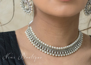 Royal Silver & Pearl Necklace with Clear stone