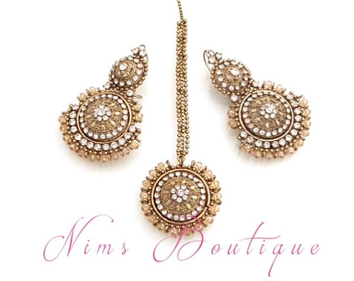 Nims Boutique Royal Gold Tikka & Earrings Set with clear stone 