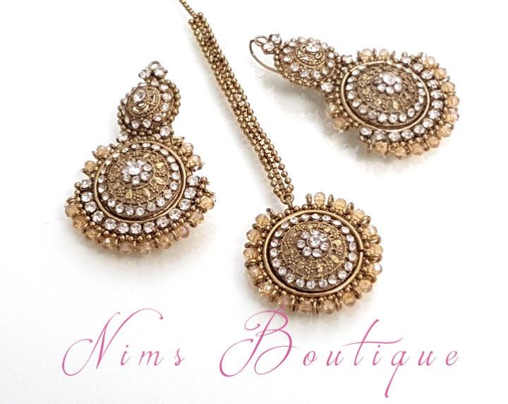 Nims Boutique Royal Gold Tikka & Earrings Set with clear stone