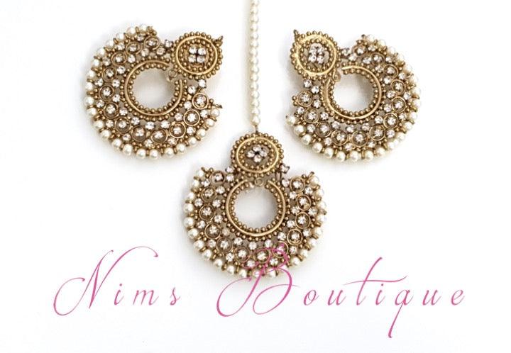 Nims Boutique Royal Pearl & Clear Stones Chand Tikka Set 6cm
