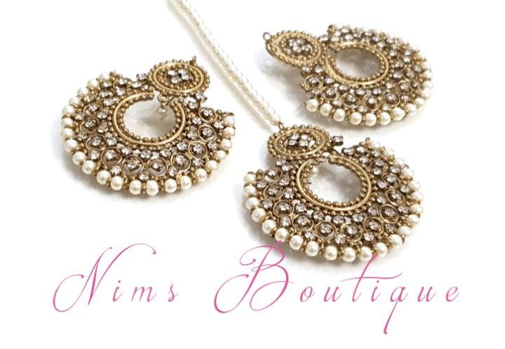 Nims Boutique Royal Pearl & Clear Stones Chand Tikka Set 6cm