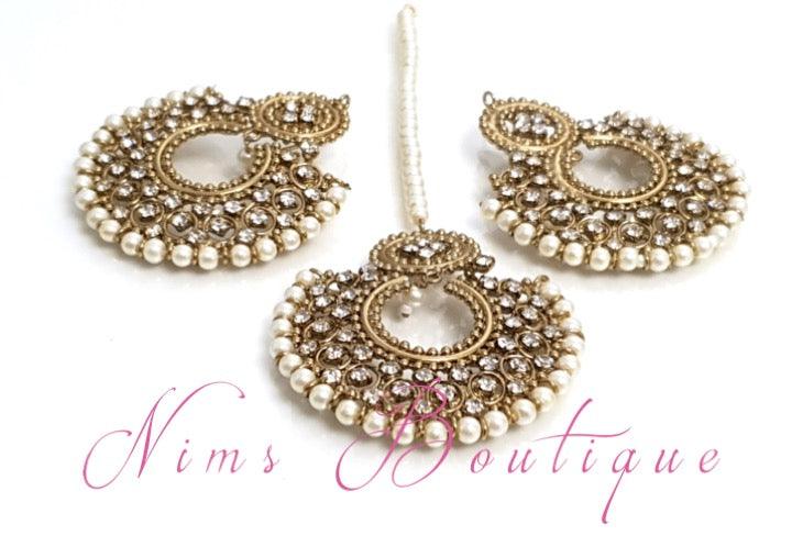 Nims Boutique Royal Pearl & Clear Stones Chand Tikka Set 6cm