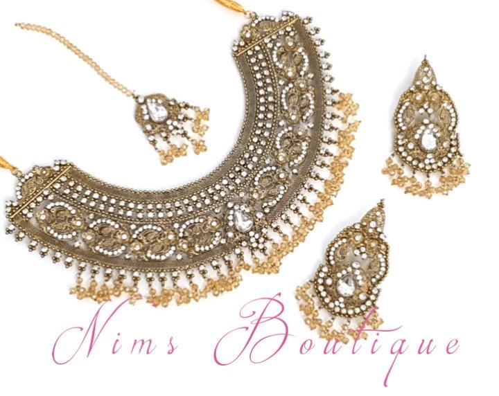 Nims Boutique Anushka Antique Gold & Clear Stone Set