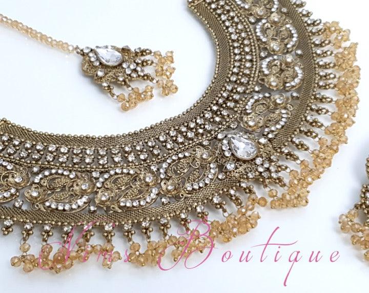Nims Boutique Anushka Antique Gold & Clear Stone Set