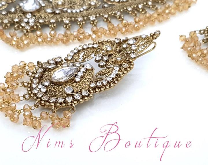 Nims Boutique Anushka Antique Gold & Clear Stone Set