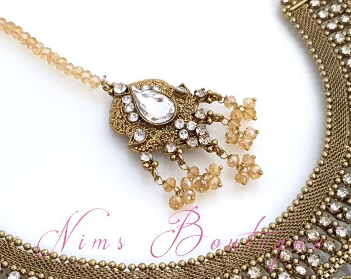 Nims Boutique Anushka Antique Gold & Clear Stone Set