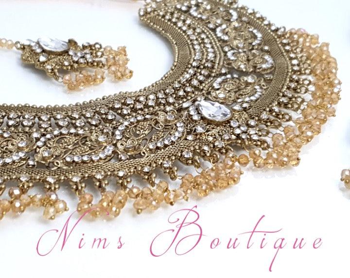 Nims Boutique Anushka Antique Gold & Clear Stone Set